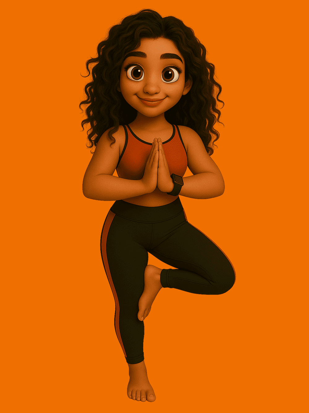 Illustratie van “Vibe,” een coach met lange donkere krullen, in een oranje top en zwarte legging, staand op blote voeten in de boomhouding (yoga), handen tegen elkaar, tegen een oranje achtergrond.
