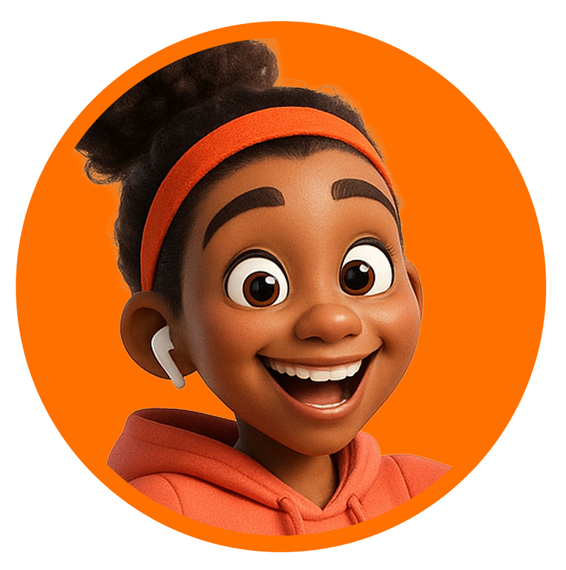 Illustratie van “Energy,” een vrolijke coach met donkere krullen in een staart, gekleed in een oranje cropped hoodie, teal legging en oranje-teal sneakers, springend met een grote glimlach en gebalde vuist tegen een oranje achtergrond.