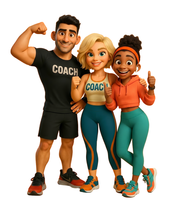 Two smartphone screens showing the Basic-Fit app. The left screen displays the &ldquo;Meet Your FitBuddies&rdquo; banner with cartoon characters Energy, Glow, Vibe, Power, and Strive. The right screen shows a full-screen view of the FitBuddies group on an orange background with text introducing them as workout buddies, plus a purple &ldquo;Let&rsquo;s Go!&rdquo; button.