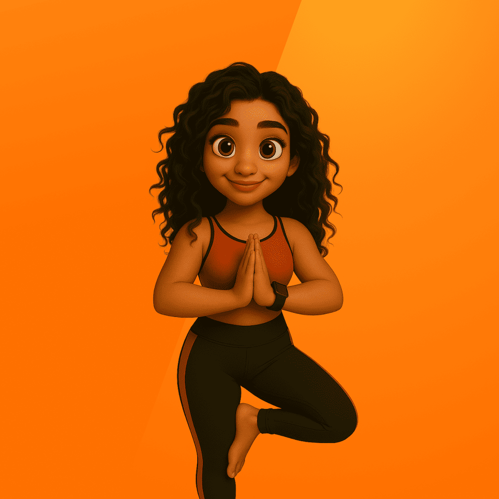 Illustrated character &ldquo;Vibe,&rdquo; a smooth, focused coach with long curly dark hair, wearing a black and orange athletic top and leggings, standing barefoot in a yoga tree pose with hands together on an orange background.