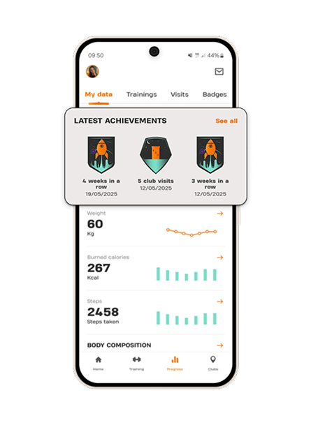 Basic-Fit app screen showing user progress with latest achievements, including club visits and weekly workout streaks. Displays tracked data: weight, calories burned, steps taken, and body composition.