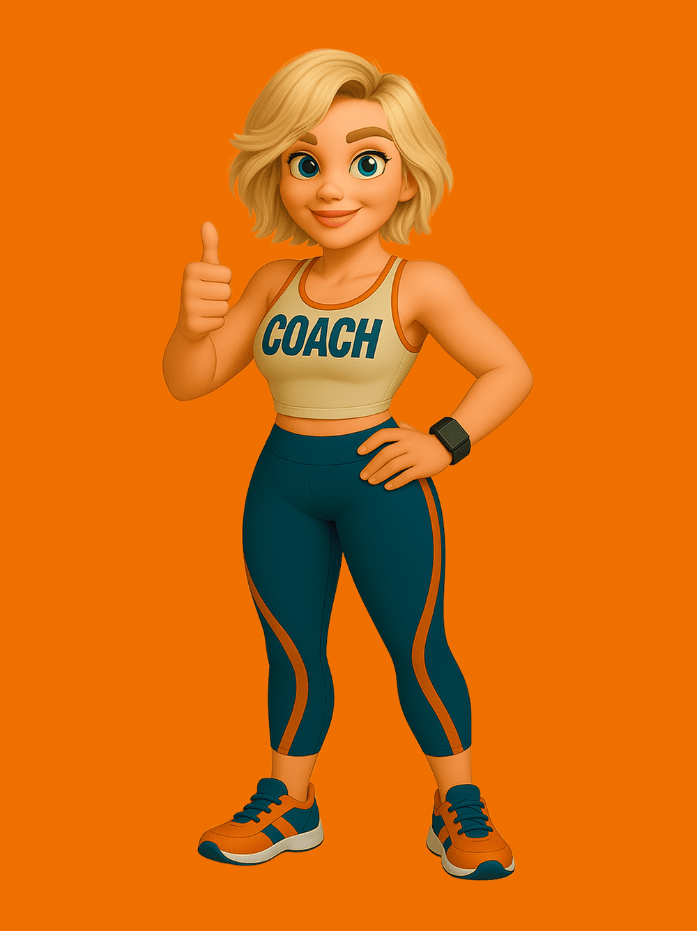 Illustratie van “Glow,” een rustige coach met kort blond haar, in een beige crop top met “COACH” erop, teal legging met oranje accenten en bijpassende sneakers, die een duim omhoog steekt tegen een oranje achtergrond.