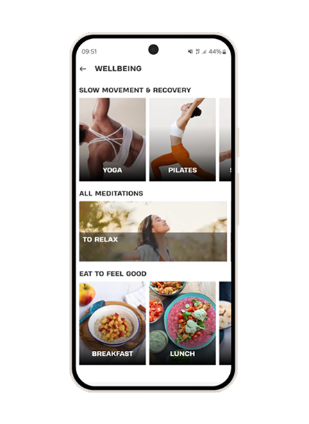 Welzijnssectie met meditaties, yoga en pilates om je routine te ondersteunen en tot rust te komen.

