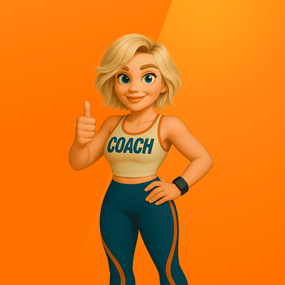 Illustrated character &ldquo;Glow,&rdquo; a calm and grounded coach with short blonde hair, wearing a beige &ldquo;COACH&rdquo; crop top, teal leggings with orange accents, and matching sneakers, giving a thumbs-up on an orange background.