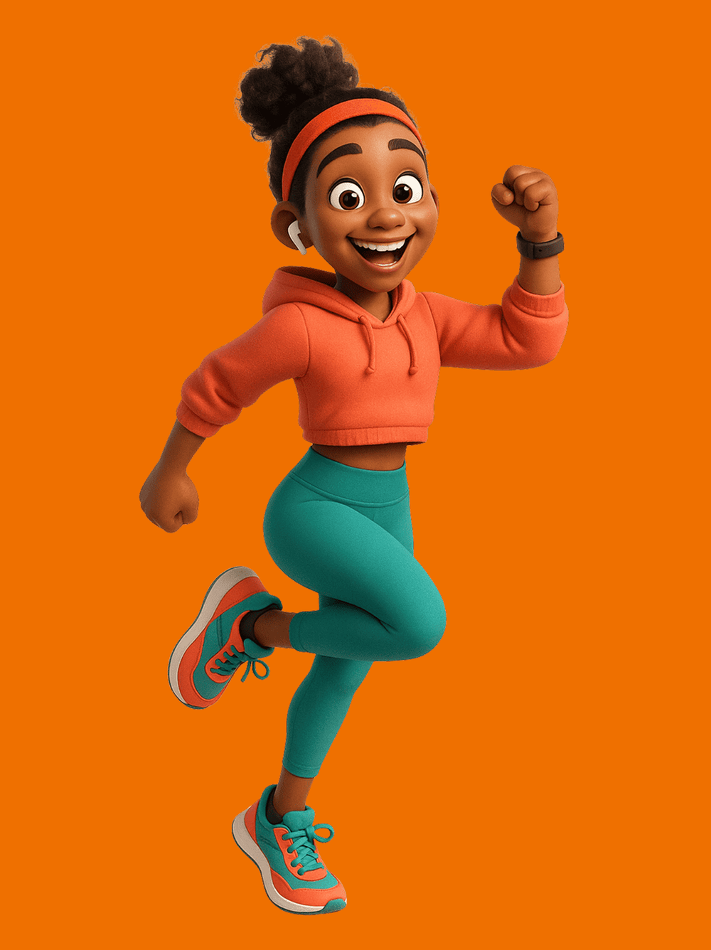 Illustratie van “Energy,” een vrolijke coach met donkere krullen in een staart, gekleed in een oranje cropped hoodie, teal legging en oranje-teal sneakers, springend met een grote glimlach en gebalde vuist tegen een oranje achtergrond.