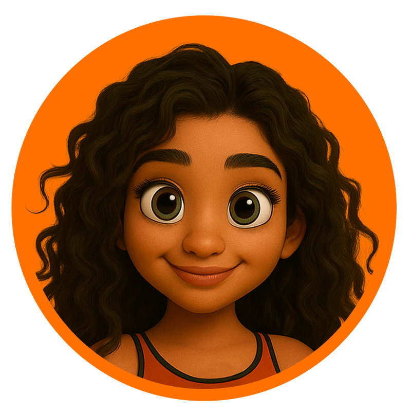 Illustratie van “Vibe,” een coach met lange donkere krullen, in een oranje top en zwarte legging, staand op blote voeten in de boomhouding (yoga), handen tegen elkaar, tegen een oranje achtergrond.