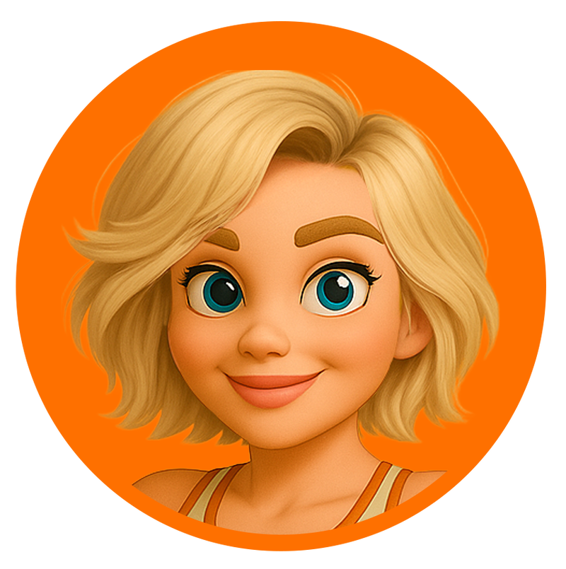 Illustratie van “Glow,” een rustige coach met kort blond haar, in een beige crop top met “COACH” erop, teal legging met oranje accenten en bijpassende sneakers, die een duim omhoog steekt tegen een oranje achtergrond.