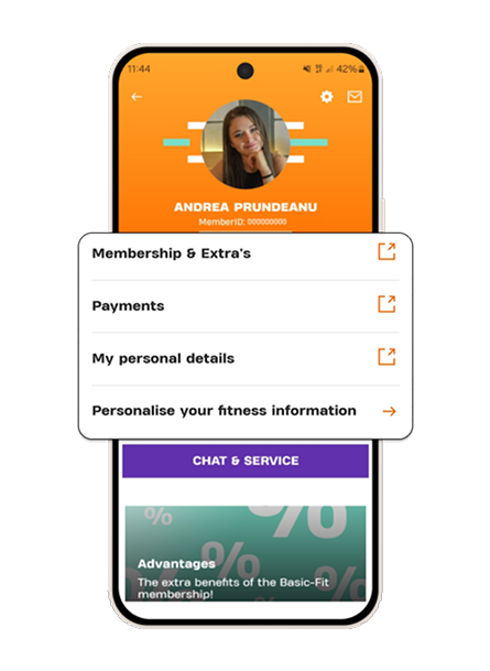 Persoonlijk dashboard met snelle toegang tot lidmaatschap, betalingen, gegevens en fitnessvoorkeuren.