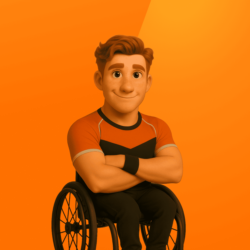 Illustrated character &ldquo;Strive,&rdquo; a determined coach with short red hair, wearing an orange and black athletic top, black pants, and red-black sneakers, seated in a sports wheelchair with arms folded on an orange background.