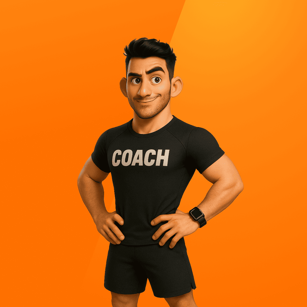 Illustrated character &ldquo;Power,&rdquo; a strong, focused coach with short dark hair, wearing a fitted black &ldquo;COACH&rdquo; t-shirt, black shorts, and black-red sneakers, standing confidently with hands on hips on an orange background.
