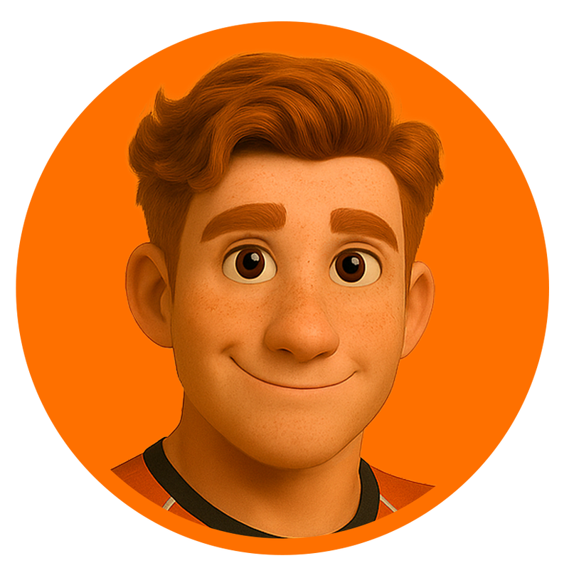 Illustratie van “Strive,” een vastberaden coach met kort rood haar, in een oranje-zwart sportshirt, zwarte broek en rood-zwarte sneakers, zittend in een sportrolstoel met armen over elkaar tegen een oranje achtergrond.