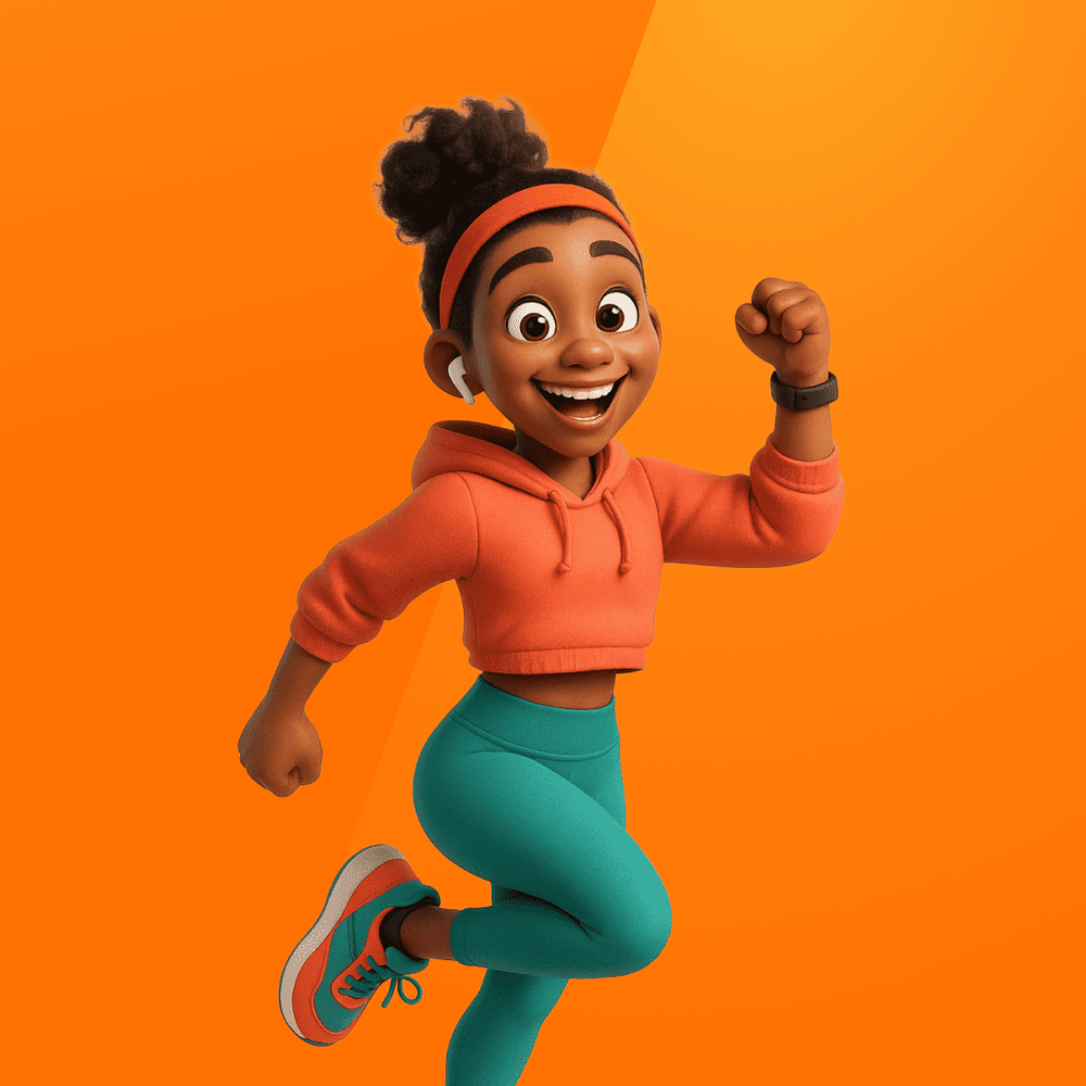 Illustrated character &ldquo;Energy,&rdquo; a bubbly coach with dark curly hair in a puff, wearing a cropped orange hoodie, teal leggings, and orange-teal sneakers, mid-jump with a big smile and raised fist on an orange background.