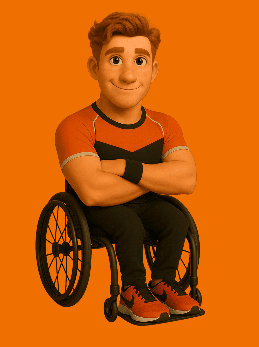 Illustratie van “Strive,” een vastberaden coach met kort rood haar, in een oranje-zwart sportshirt, zwarte broek en rood-zwarte sneakers, zittend in een sportrolstoel met armen over elkaar tegen een oranje achtergrond.