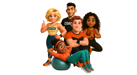 Vijf geïllustreerde Basic-Fit “FitBuddies” poseren samen. Voorop ligt Energy lachend achterover op een fitnessbal. Achter haar staat Glow met blonde haren en een “COACH” crop top, duim omhoog. Naast haar staat Power in een zwart “COACH” shirt met een zelfverzekerde houding. Strive zit in een sportrolstoel met armen over elkaar. Vibe staat in een yogapose met handen tegen elkaar. Allemaal dragen ze sportkleding in oranje, teal en zwart, op een witte achtergrond. 