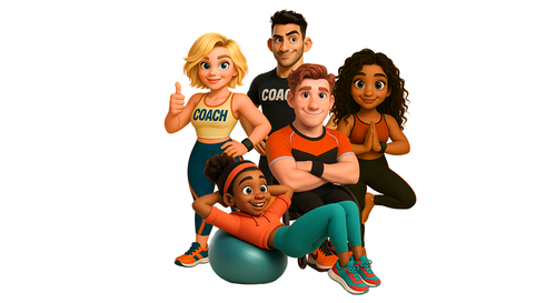 Five illustrated Basic-Fit &ldquo;FitBuddies&rdquo; stand and pose together: Energy jumps playfully in orange and teal; Glow gives a thumbs-up in a &ldquo;COACH&rdquo; crop top; Vibe holds a yoga pose in sleek black-and-orange; Power stands confidently in a black &ldquo;COACH&rdquo; shirt; and Strive, in a sports wheelchair, smiles with folded arms.