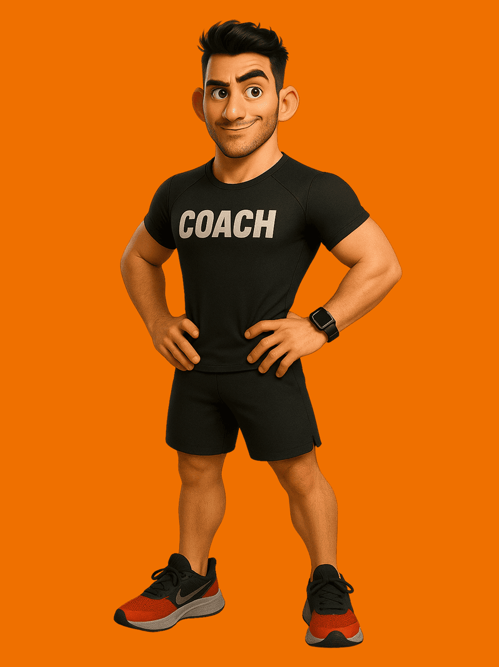 Illustratie van “Power,” een gespierde coach met kort donker haar, in een zwart “COACH” T-shirt, zwarte short en zwart-rode sneakers, staand met handen in de zij tegen een oranje achtergrond.