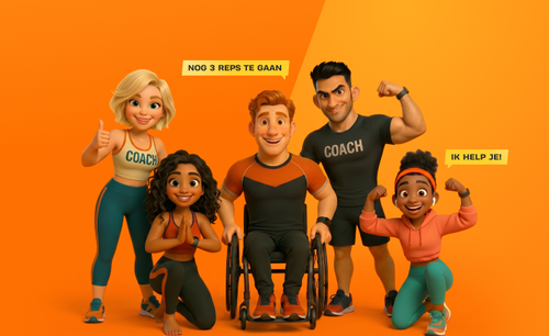 Vijf ge&iuml;llustreerde Basic-Fit &ldquo;FitBuddies&rdquo; poseren samen. Voorop ligt Energy lachend achterover op een fitnessbal. Achter haar staat Glow met blonde haren en een &ldquo;COACH&rdquo; crop top, duim omhoog. Naast haar staat Power in een zwart &ldquo;COACH&rdquo; shirt met een zelfverzekerde houding. Strive zit in een sportrolstoel met armen over elkaar. Vibe staat in een yogapose met handen tegen elkaar. Allemaal dragen ze sportkleding in oranje, teal en zwart, op een witte achtergrond. 