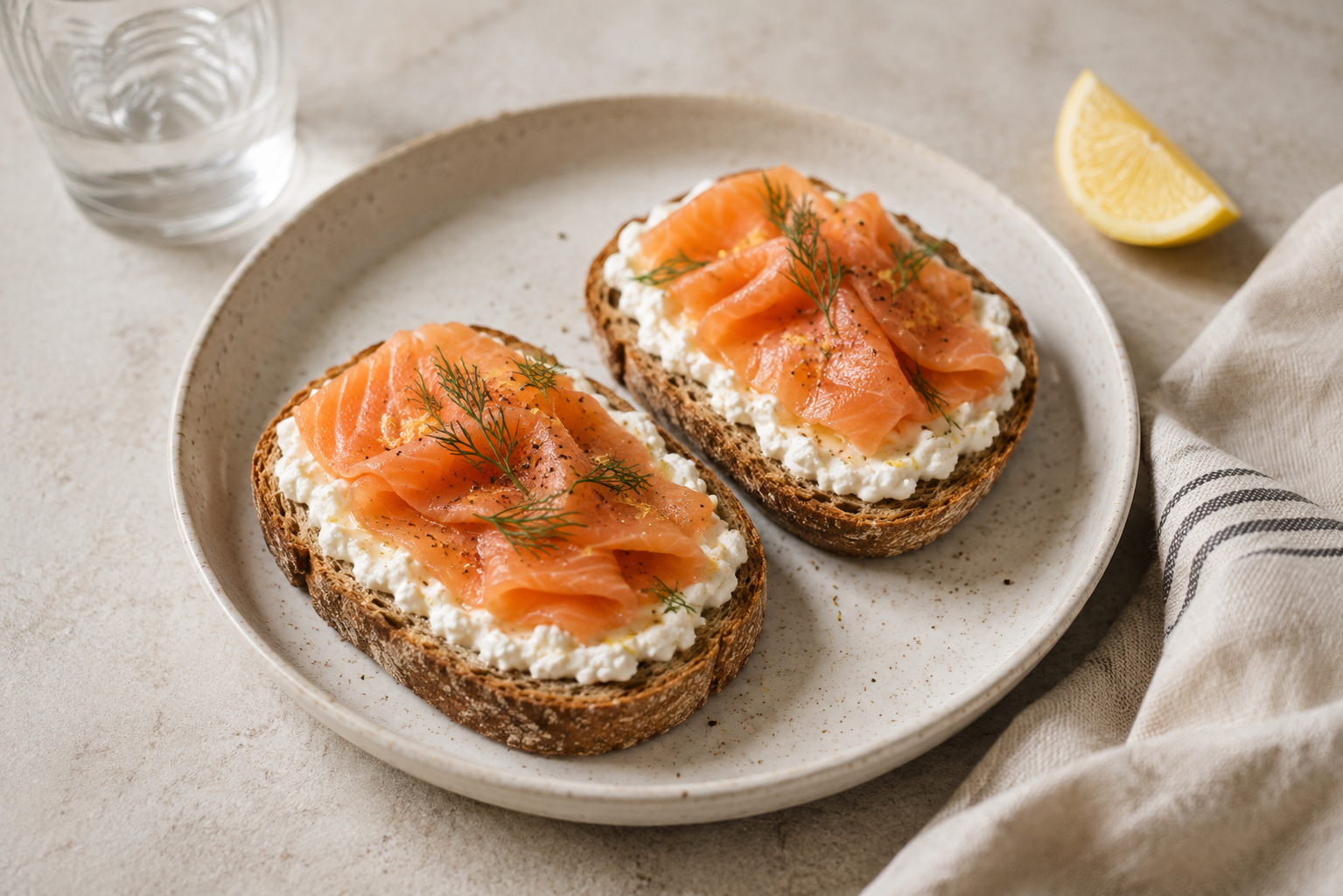 Vollkorntoast mit Räucherlachs und aufgeschlagenem Hüttenkäse