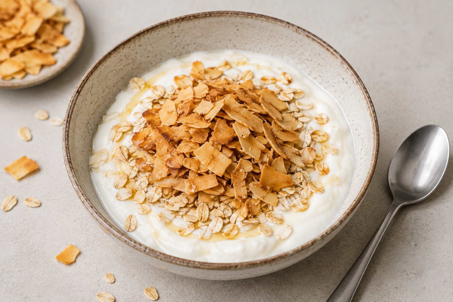 Joghurt mit Haferflocken und gerösteten Sojaflocken