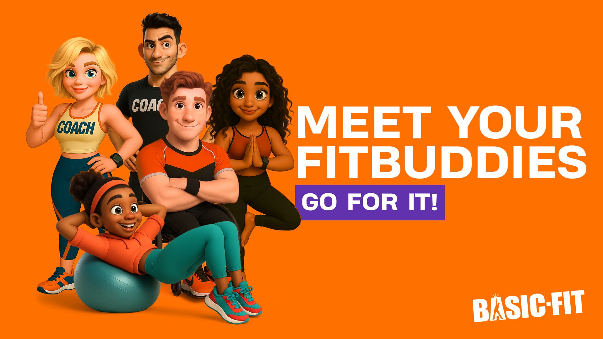 Group of animated FitBuddies characters posing together on an orange background with the text ‘Meet Your FitBuddies – Go For It!’ and the Basic-Fit logo.