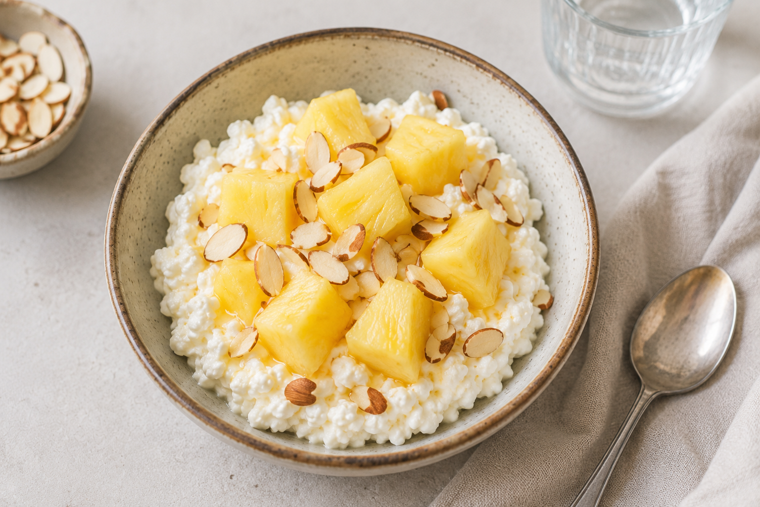 Hüttenkäse-Bowl mit Ananas und Mandeln