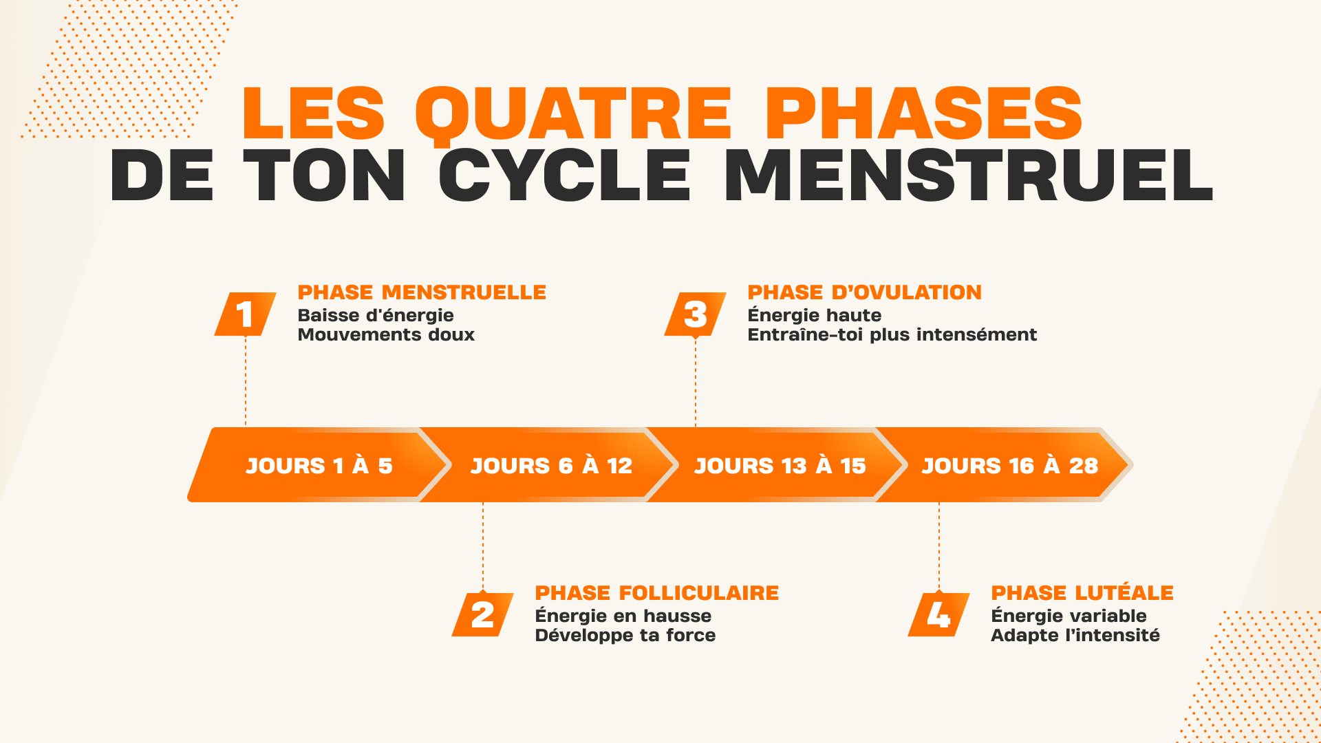 Infographie des quatre phases du cycle menstruel avec l’intensité d’entraînement recommandée sur une période de 28 jours.
