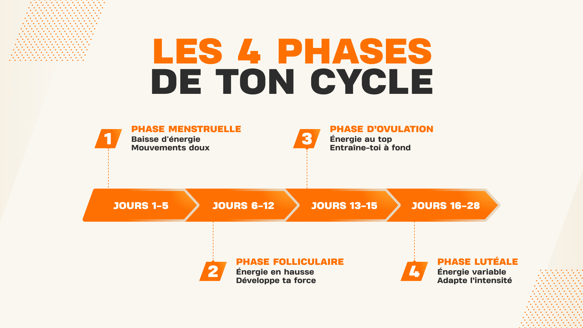 Infographie des quatre phases du cycle menstruel avec l’intensité d’entraînement recommandée sur une période de 28 jours.