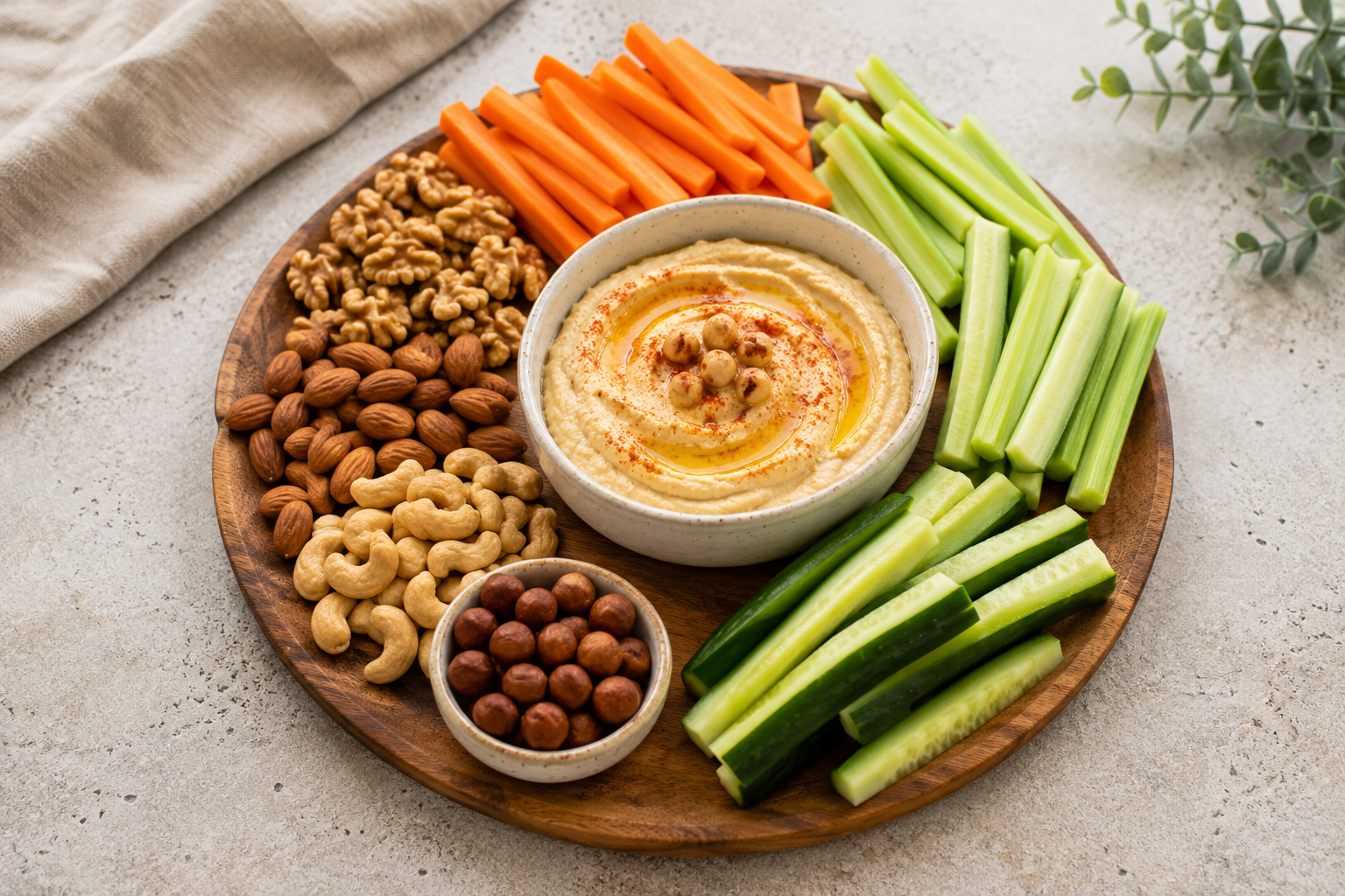 Hummus with Carrot, Cucumber and nuts