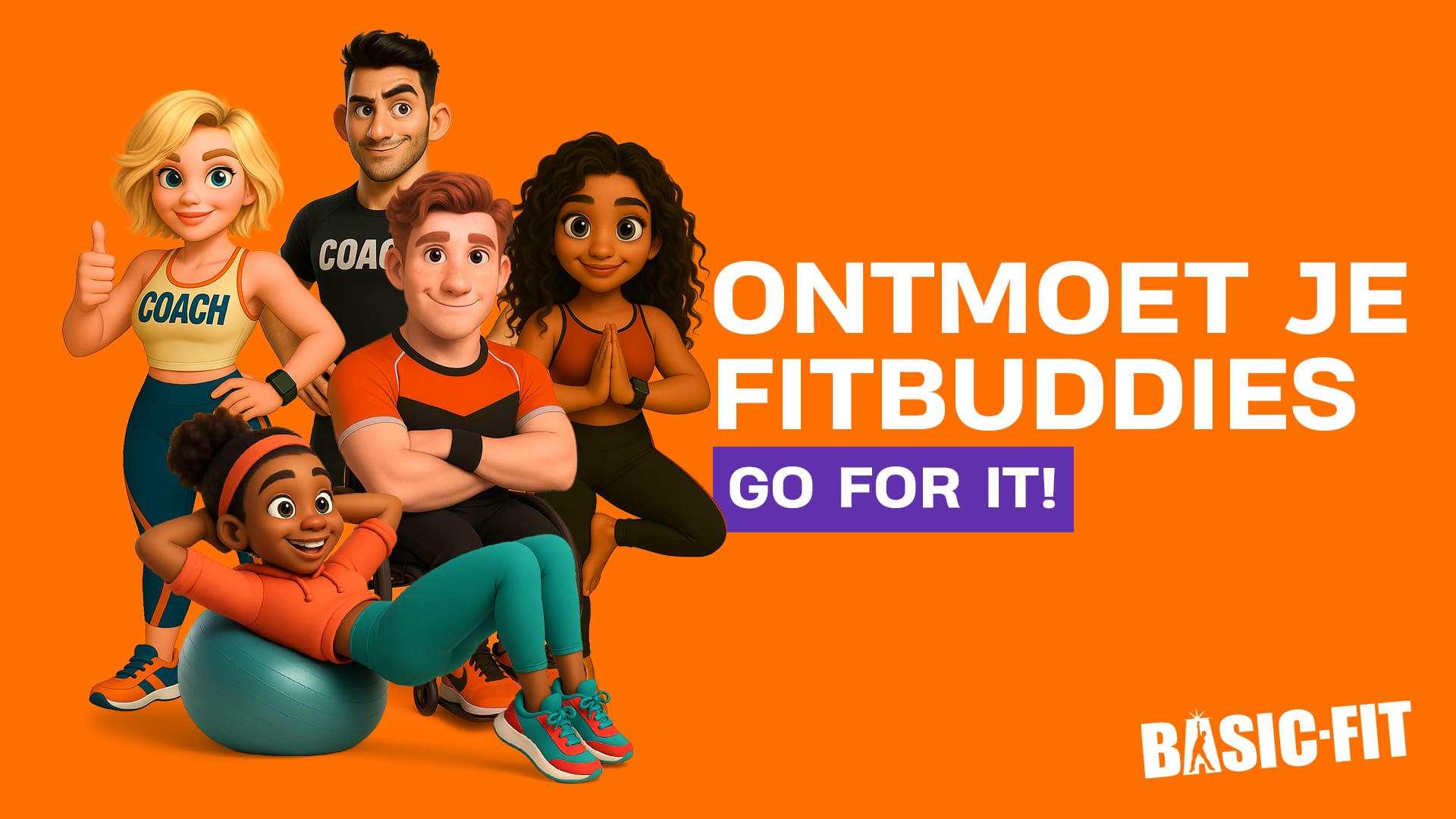Groep geanimeerde FitBuddies personages poserend samen op een oranje achtergrond met de tekst ‘Ontmoet je FitBuddies – Go For It!’ en het Basic-Fit logo.